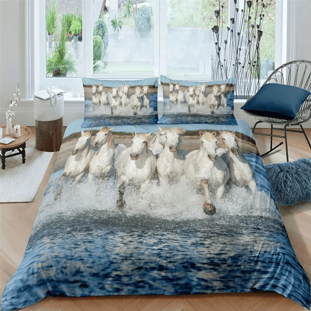 Personalized 3-piece Duvet Cover Bedding Set White Horses Bedding Set Personalized 3-piece Duvet Cover Bedding Set White Horses Bedding Set