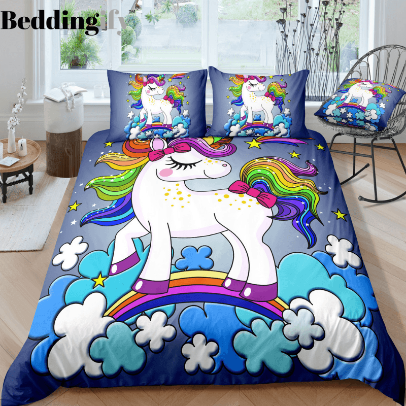 Personalized Blue Unicorn and Rainbow Bedding Set Duvet Cover Bedding Set Personalized Blue Unicorn and Rainbow Bedding Set Duvet Cover Bedding Set