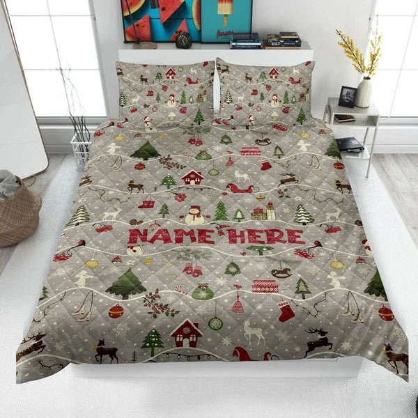 Personalized Christmas Holiday 3-Piece Quilt Bedding Set With Pillowcases Personalized Christmas Holiday 3-Piece Quilt Bedding Set With Pillowcases