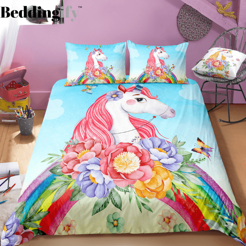 Personalized Colorful Rainbow and Flowers Unicorn Bedding Set Duvet Cover Bedding Set-1