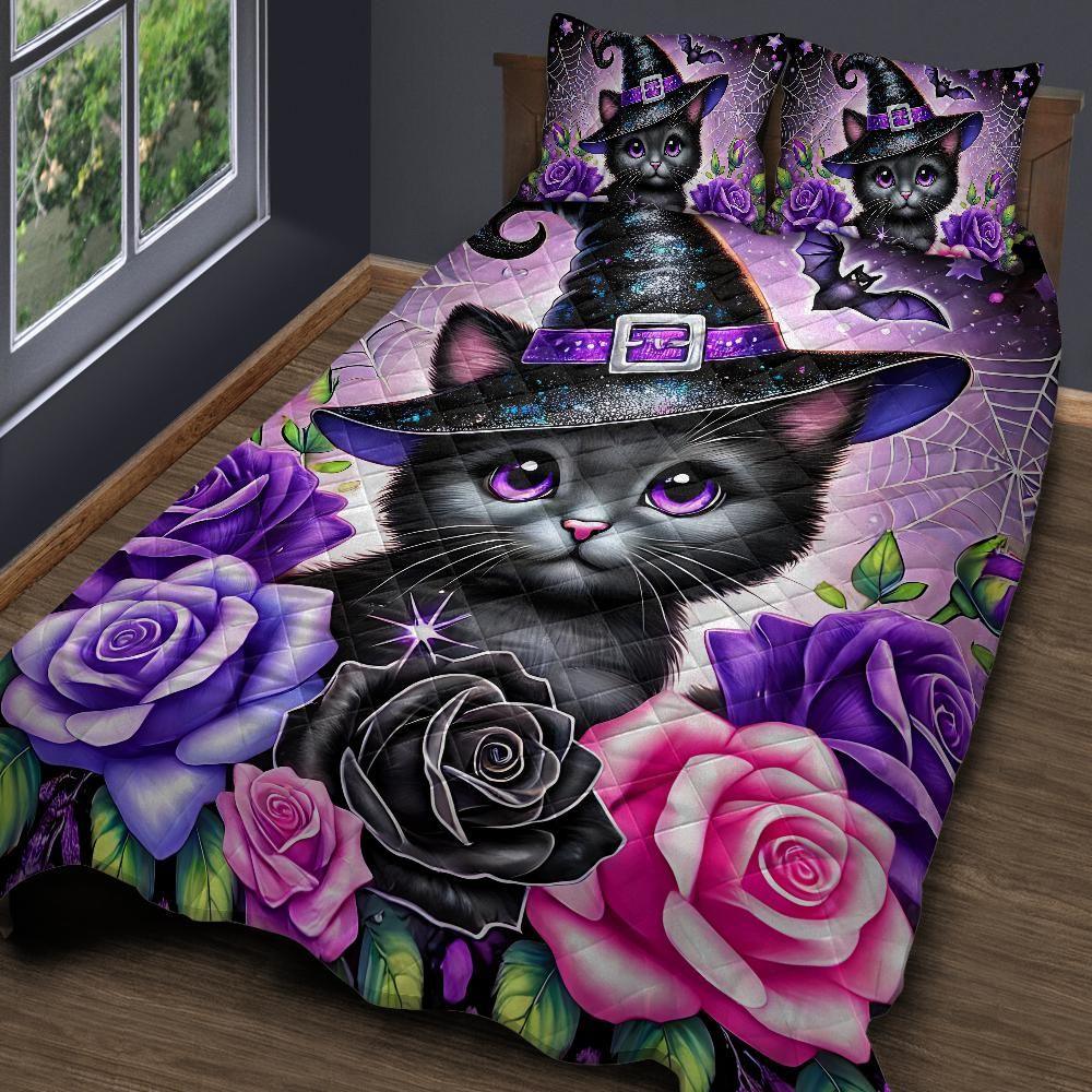 Personalized Cute Kitten Black Cat Witchy Quilt Bedding Set 3-Pc Personalized Cute Kitten Black Cat Witchy Quilt Bedding Set 3-Pc