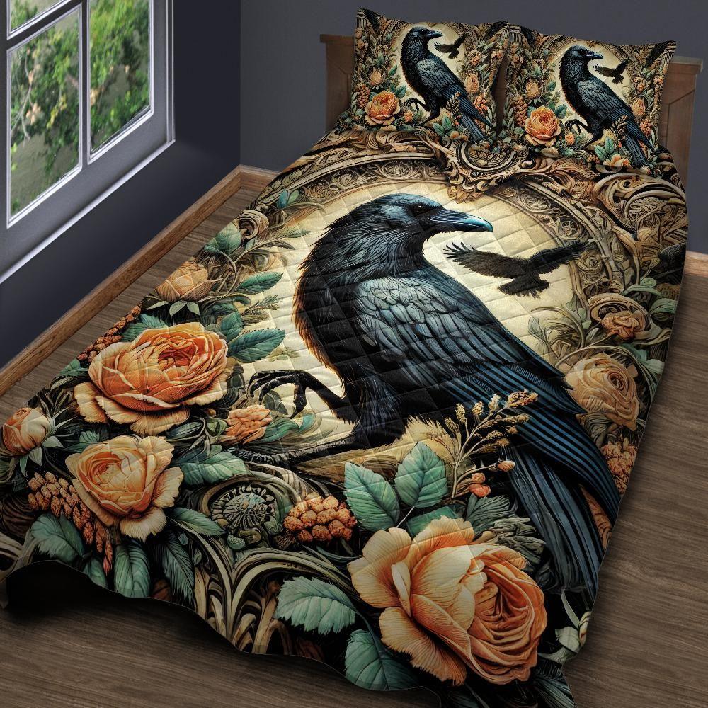 Personalized Floral Black Raven Gothic Crow Quilt Bedding Set 3-Pc Personalized Floral Black Raven Gothic Crow Quilt Bedding Set 3-Pc