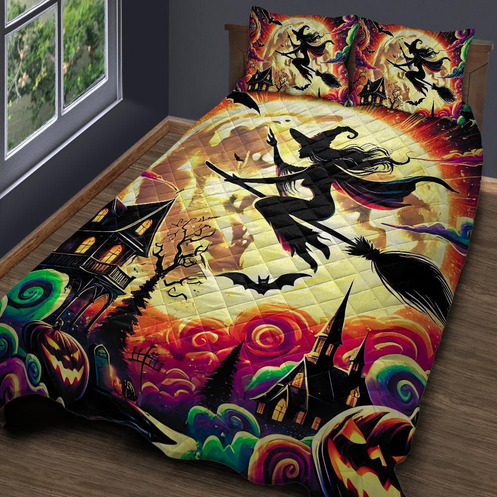 Personalized Flying Witch Halloween Quilt Bedding Set 3-Pc Personalized Flying Witch Halloween Quilt Bedding Set 3-Pc