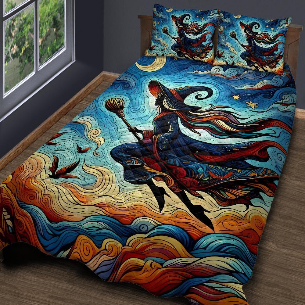 Personalized Flying Witch Quilt Bedding Set 3-Pc for Witchy Home Decor Personalized Flying Witch Quilt Bedding Set 3-Pc for Witchy Home Decor
