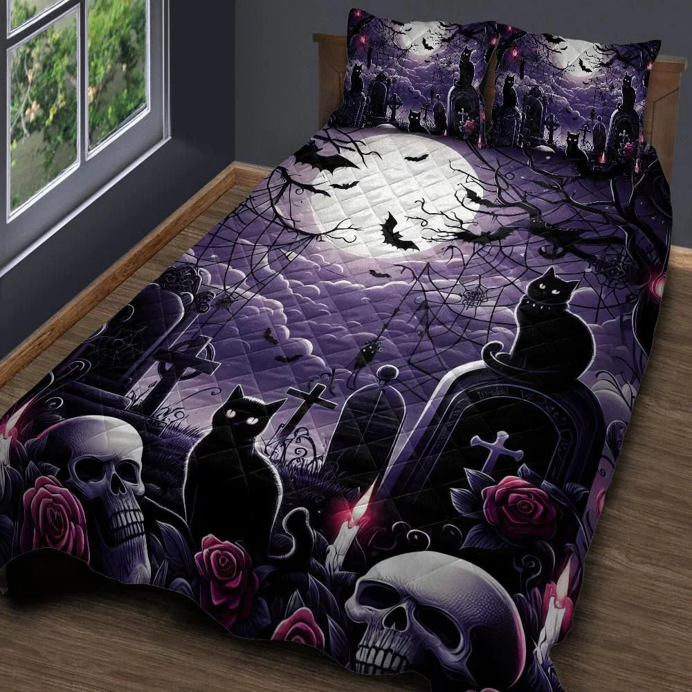 Personalized Gothic Graves and Black Cat Halloween Quilt Bedding Set 3-Pc Personalized Gothic Graves and Black Cat Halloween Quilt Bedding Set 3-Pc