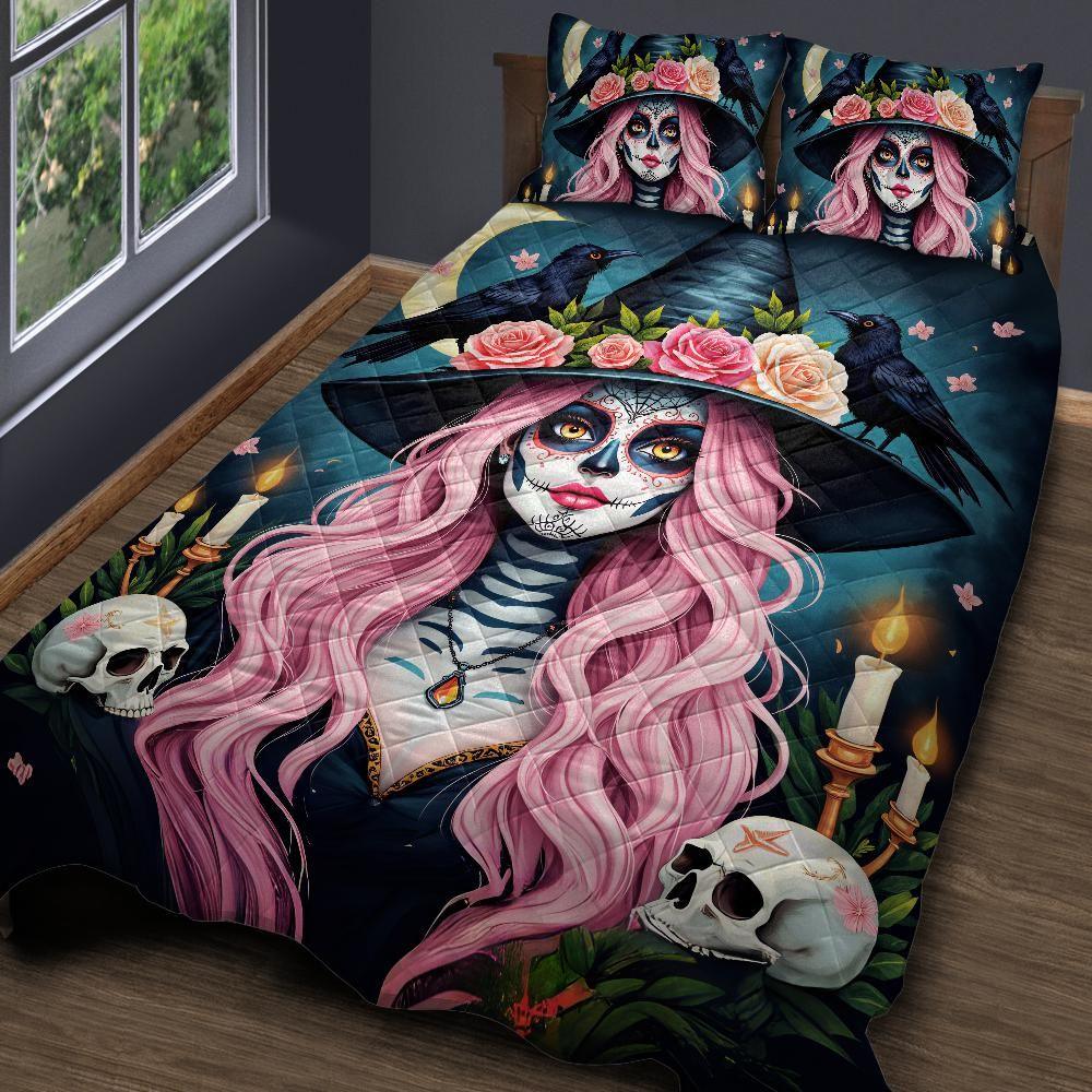 Personalized Gothic Skull Witch and Black Raven Halloween Quilt Bedding Set 3-Pc Personalized Gothic Skull Witch and Black Raven Halloween Quilt Bedding Set 3-Pc