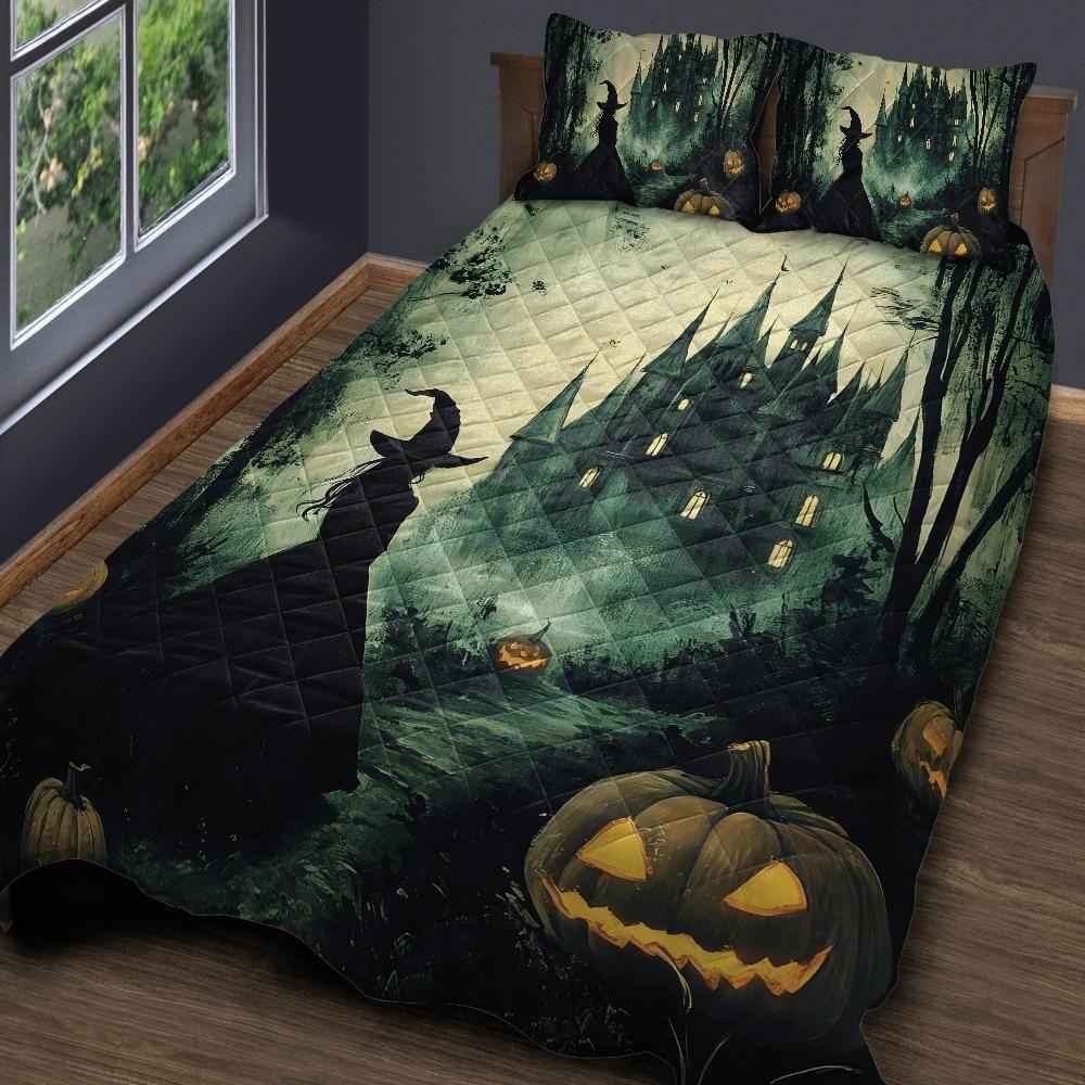 Personalized Gothic Witch and Halloween Castle Quilt Bedding Set 3-Pc Personalized Gothic Witch and Halloween Castle Quilt Bedding Set 3-Pc