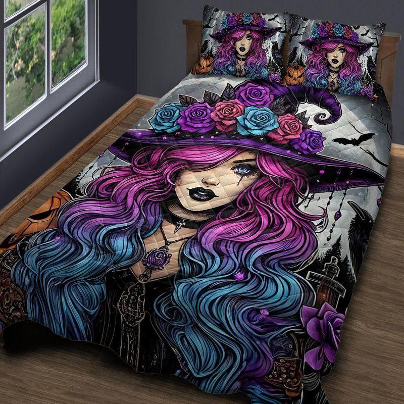 Personalized Gothic Witch Halloween Quilt Bedding Set 3-Pc Personalized Gothic Witch Halloween Quilt Bedding Set 3-Pc
