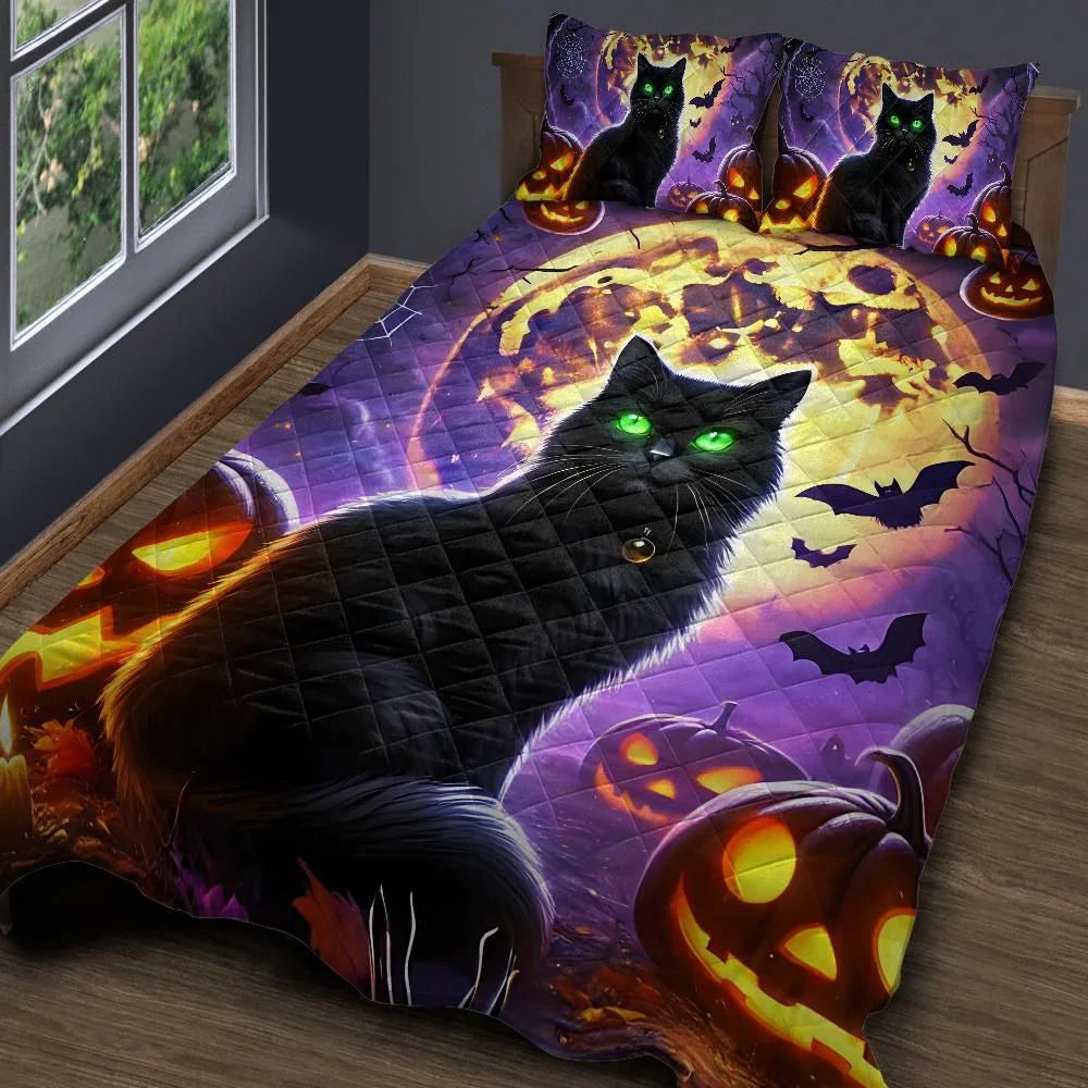 Personalized Halloween Black Cat Witchy Quilt Bedding Set 3-Pc Personalized Halloween Black Cat Witchy Quilt Bedding Set 3-Pc