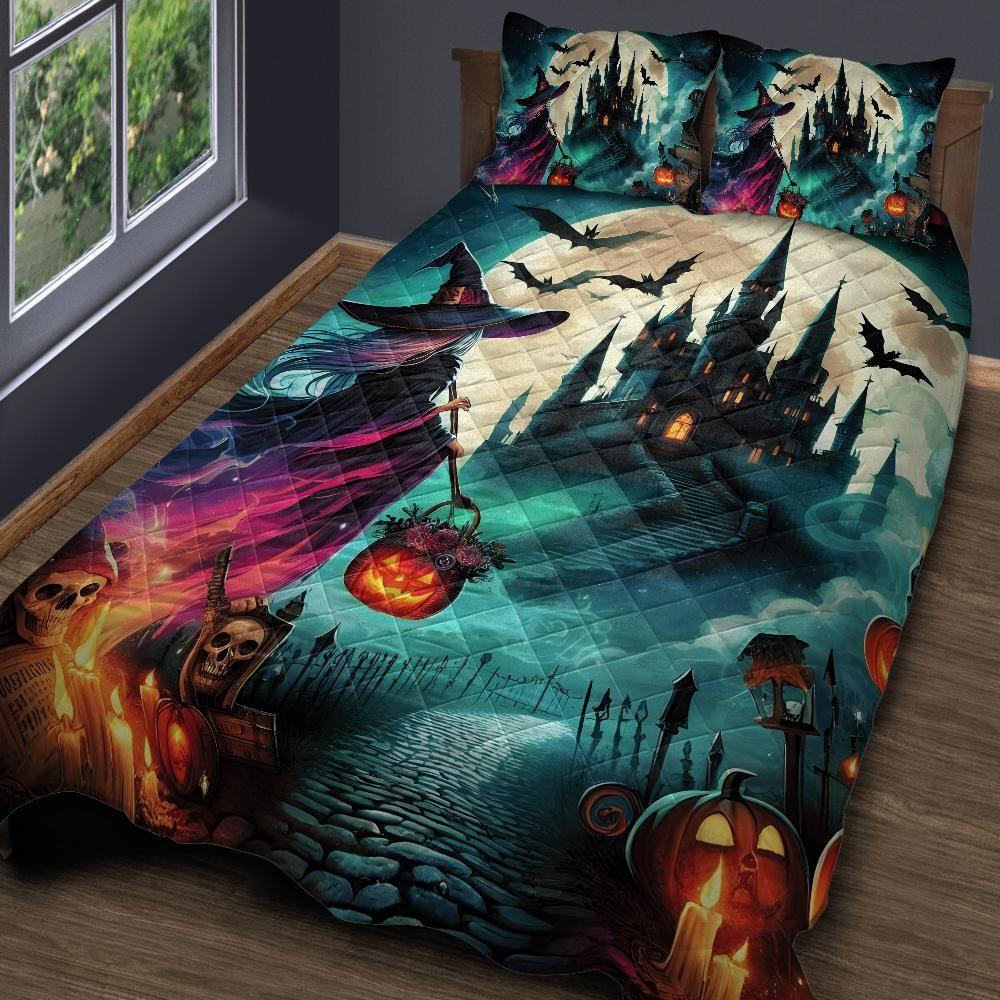 Personalized Halloween Castle and Gothic Witch Quilt Bedding Set 3-Pc Personalized Halloween Castle and Gothic Witch Quilt Bedding Set 3-Pc
