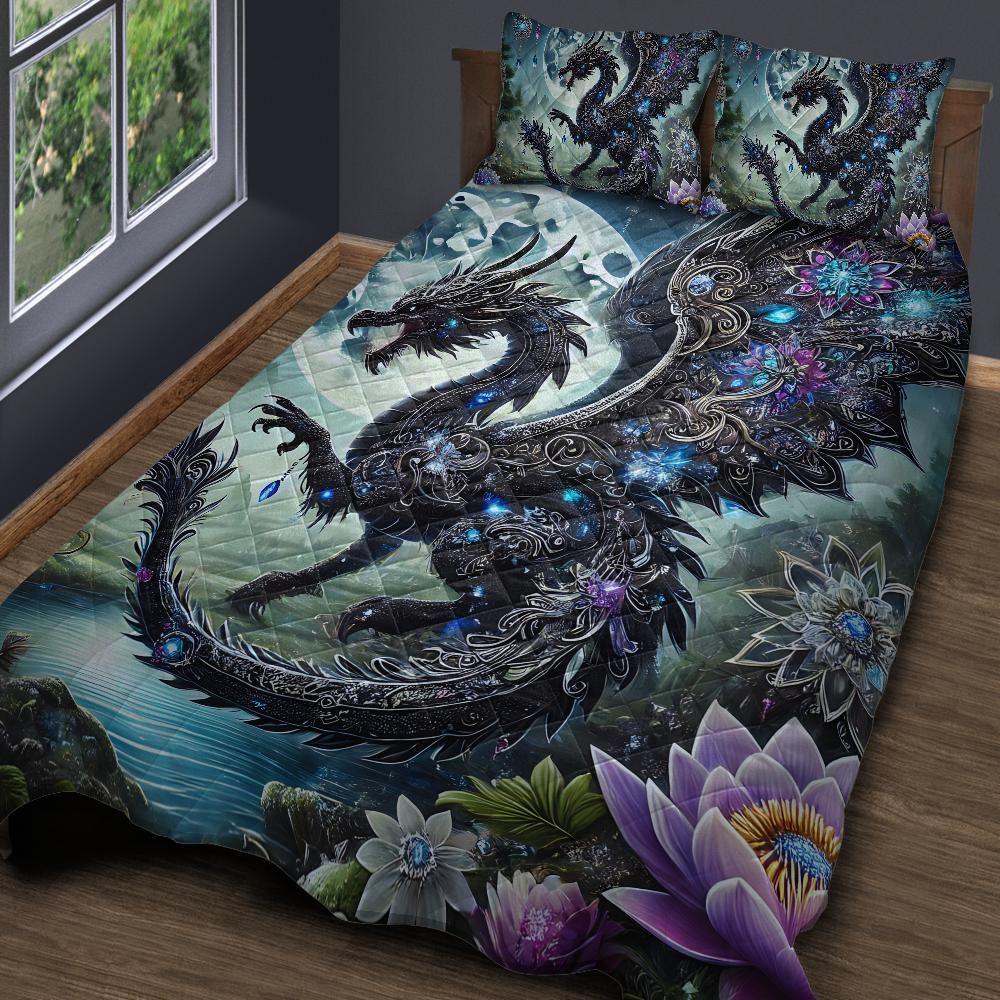 Personalized Lotus and Fantasy Dragon Quilt Bedding Set 3-Pc Personalized Lotus and Fantasy Dragon Quilt Bedding Set 3-Pc