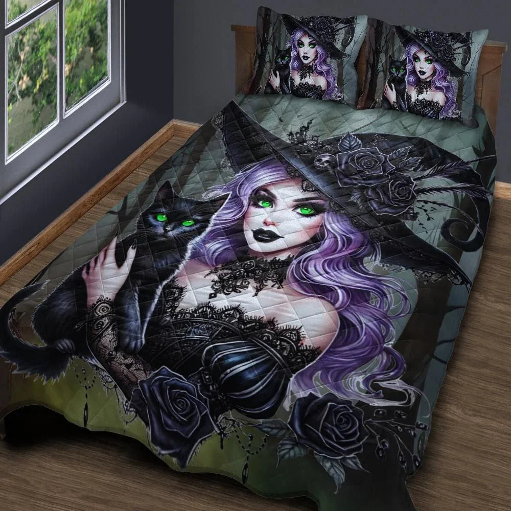 Personalized Magic Black Cat and Dark Witch Quilt Bedding Set 3-Pc Personalized Magic Black Cat and Dark Witch Quilt Bedding Set 3-Pc