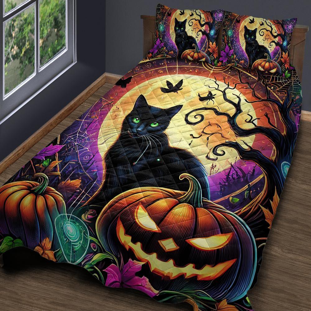 Personalized Pumpkin Halloween Black Cat Gothic Quilt Bedding Set 3-Pc Witchy Decor Personalized Pumpkin Halloween Black Cat Gothic Quilt Bedding Set 3-Pc Witchy Decor
