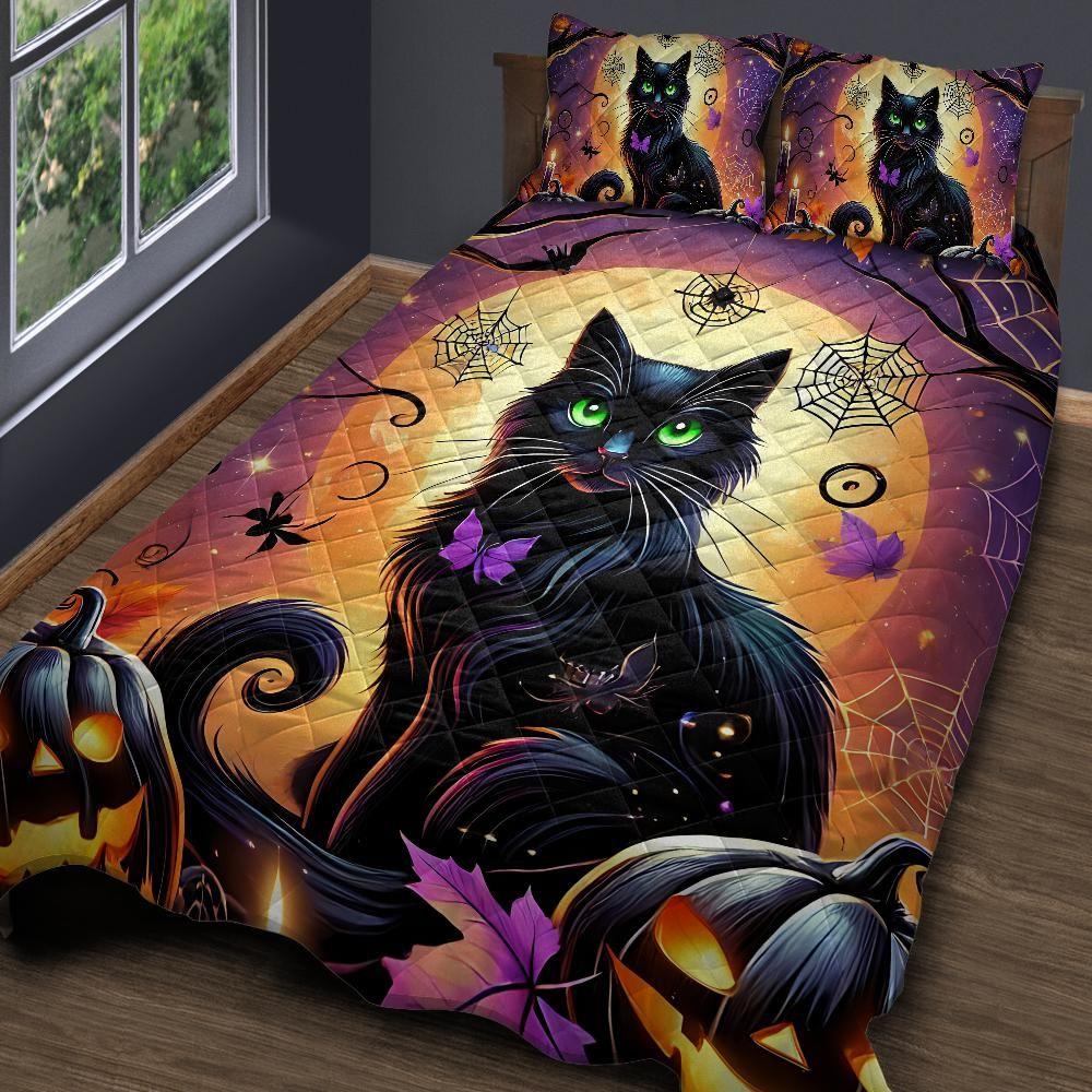 Personalized Pumpkin Halloween Black Cat Witchy Quilt Bedding Set 3-Pc Personalized Pumpkin Halloween Black Cat Witchy Quilt Bedding Set 3-Pc