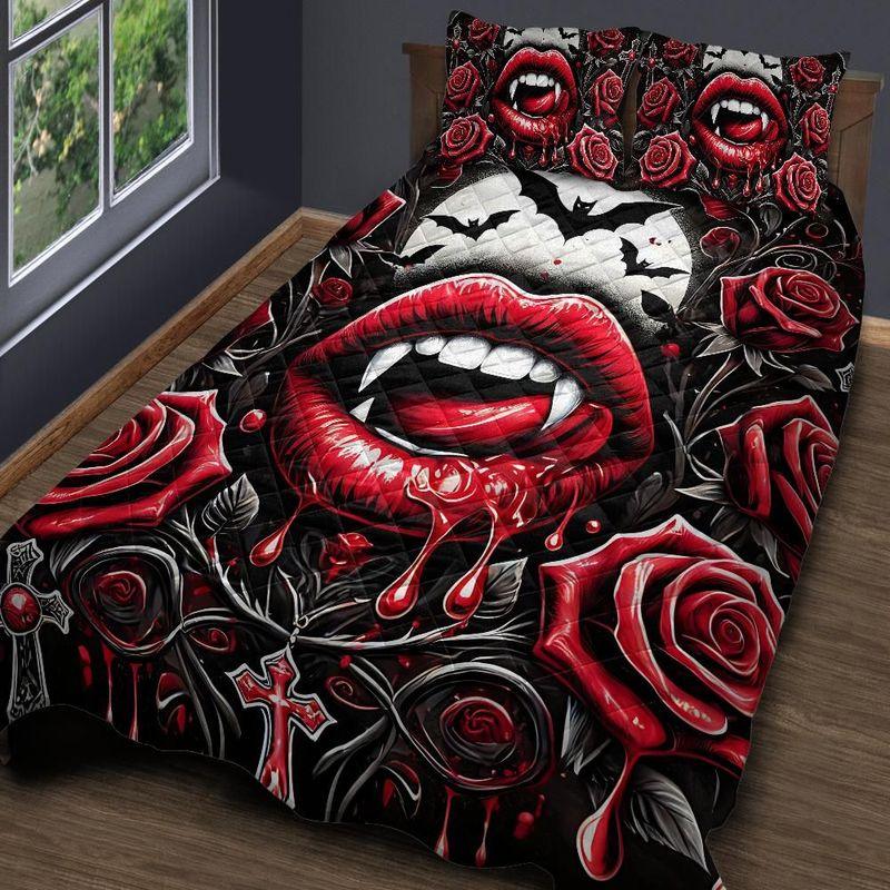 Personalized Roses and Gothic Bat Halloween Quilt Bedding Set 3-Pc Personalized Roses and Gothic Bat Halloween Quilt Bedding Set 3-Pc