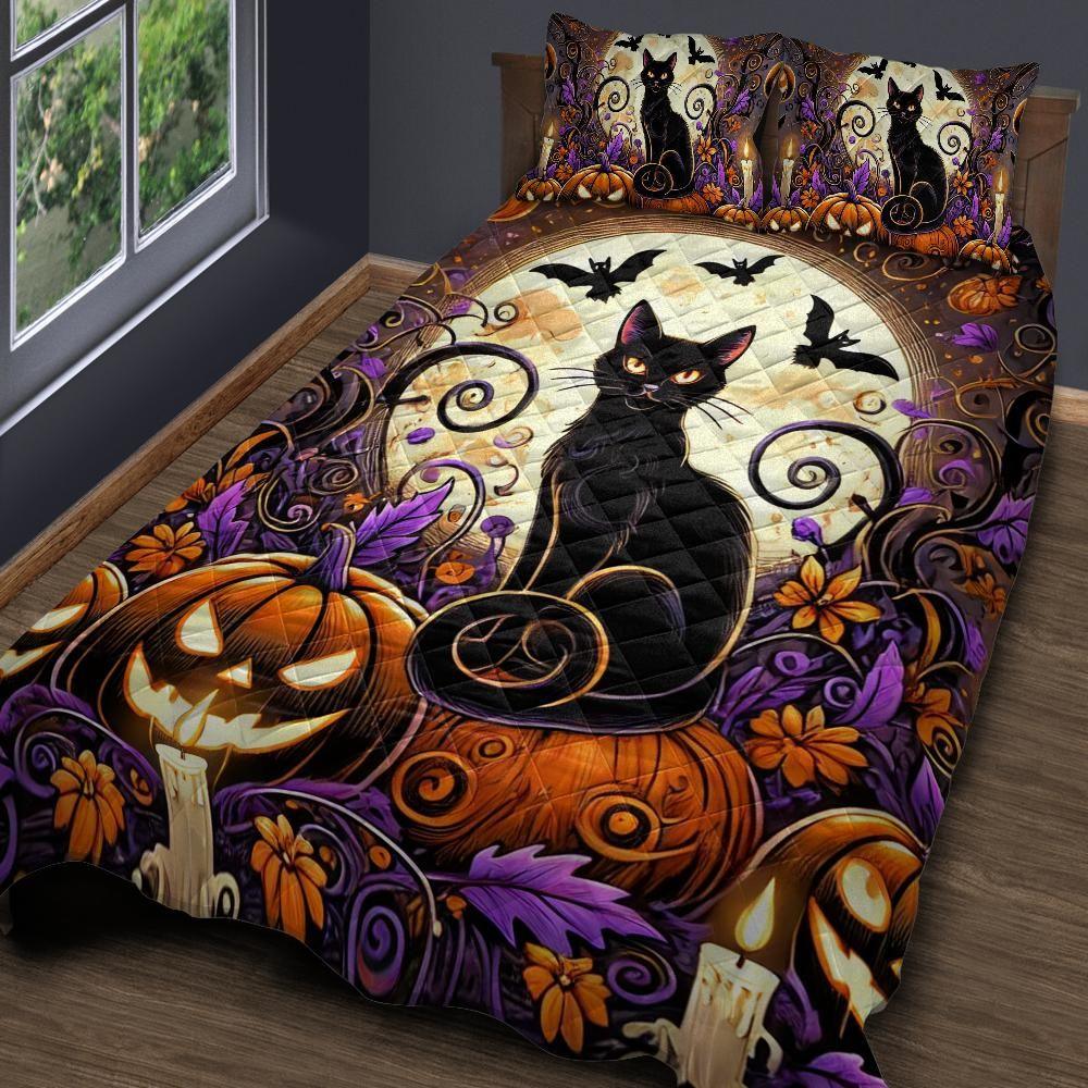 Personalized Spooky Black Cat Halloween Quilt Bedding Set 3-Pc Personalized Spooky Black Cat Halloween Quilt Bedding Set 3-Pc