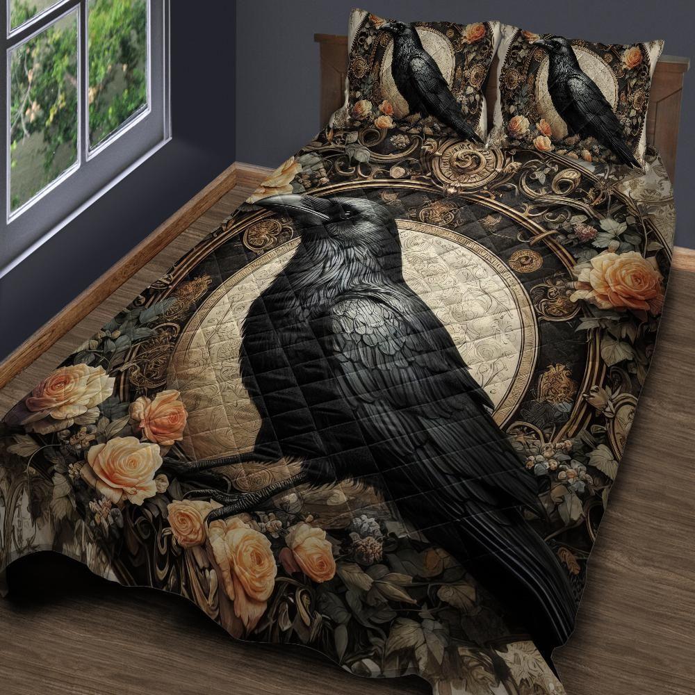 Personalized Vintage Black Raven Quilt Bedding Set 3-Pc Dark Crow Bedding Set Personalized Vintage Black Raven Quilt Bedding Set 3-Pc Dark Crow Bedding Set