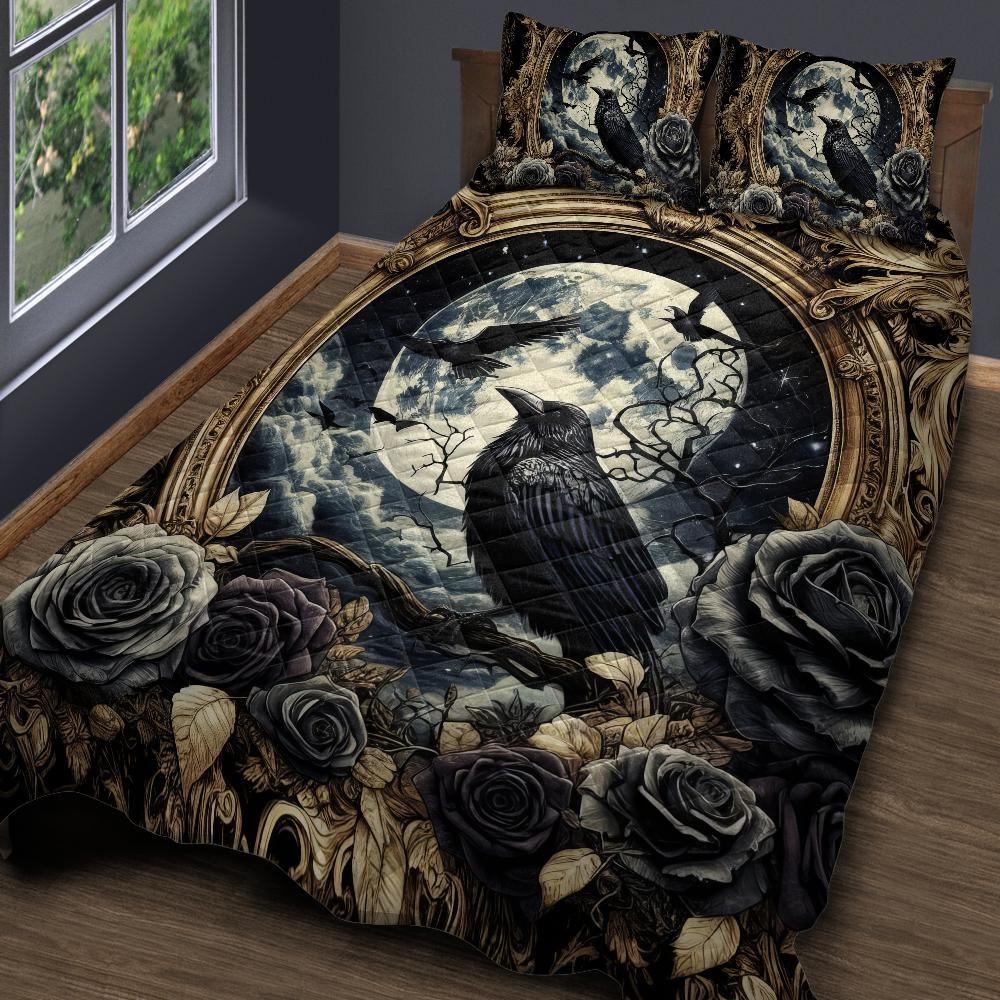 Personalized Vintage Moon Black Raven Quilt Bedding Set 3-Pc Dark Crow Gothic Bedding Set Personalized Vintage Moon Black Raven Quilt Bedding Set 3-Pc Dark Crow Gothic Bedding Set