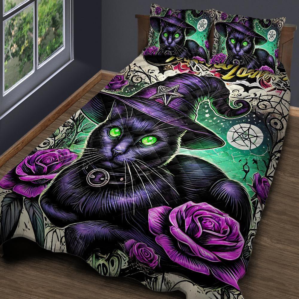 Personalized Wicca Black Cat Quilt Bedding Set 3-Pc for Witchy Decor Personalized Wicca Black Cat Quilt Bedding Set 3-Pc for Witchy Decor