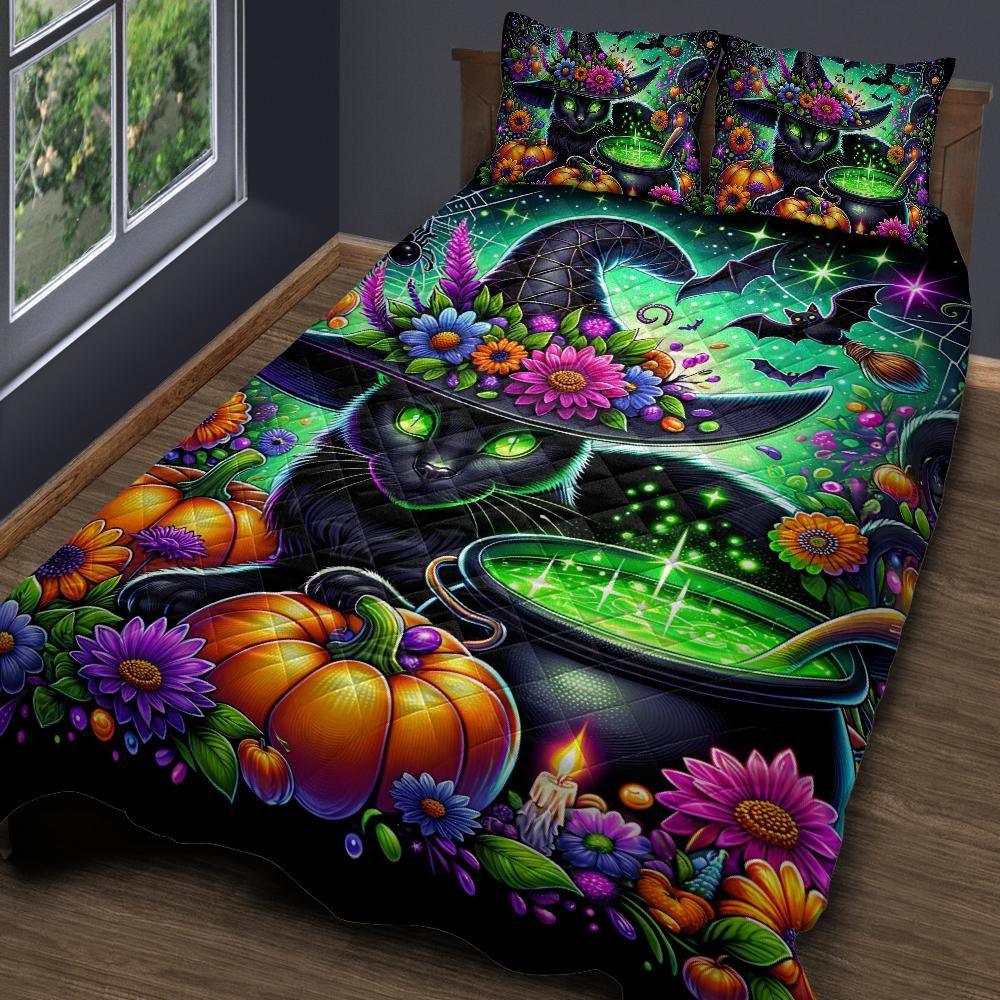 Personalized Witchy Cauldron Black Cat Halloween Quilt Bedding Set 3-Pc-1
