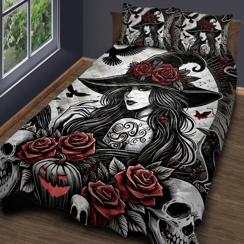 Personalized Witchy Raven and Gothic Witch Quilt Bedding Set 3-Pc for Halloween Personalized Witchy Raven and Gothic Witch Quilt Bedding Set 3-Pc for Halloween