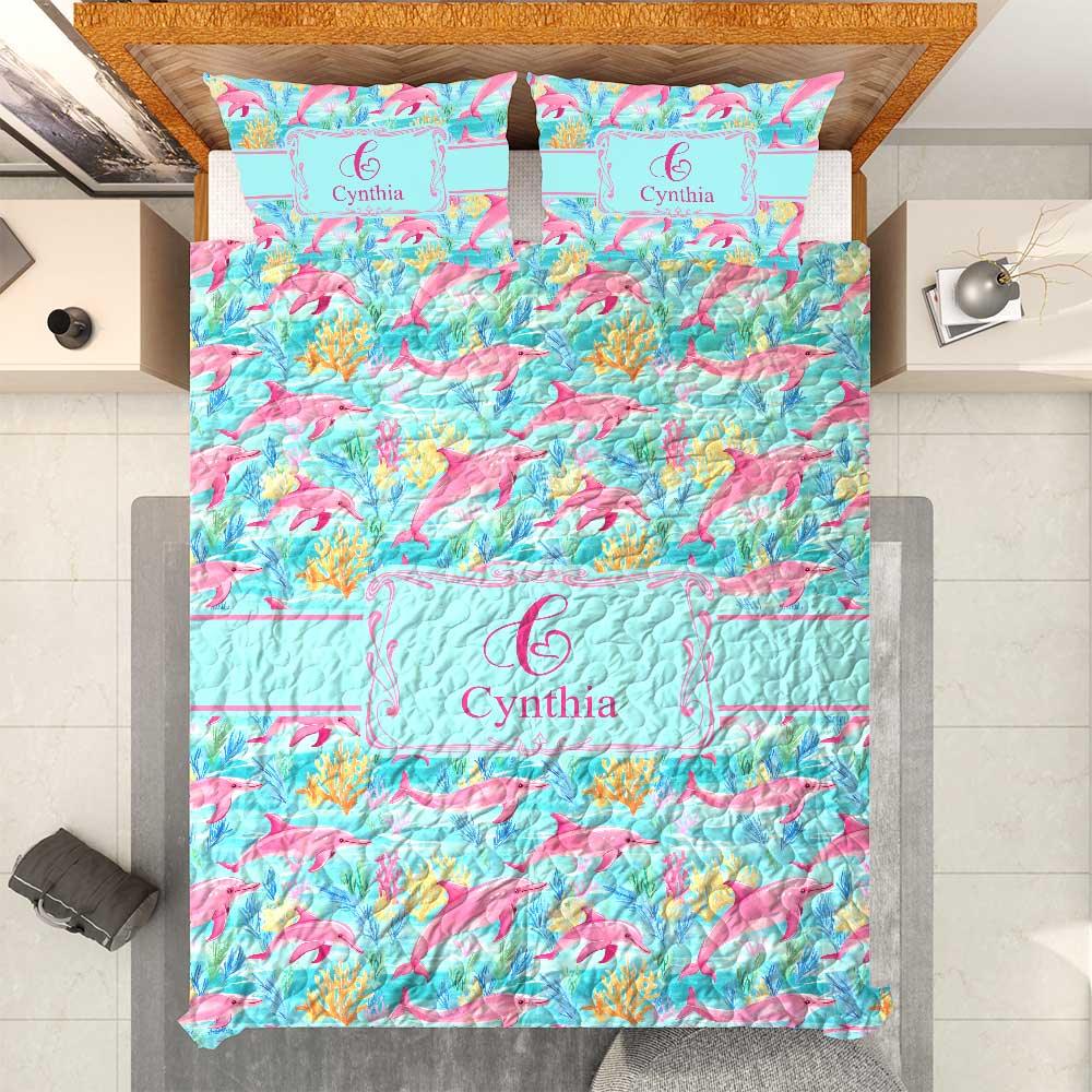 Preppy Lilly P Inspired Dolphin Coral Quilt Bedding Set Personalized 3-Piece Quilt Bedding Set | Custom Lightweight Printed Quilt & Pillowcases