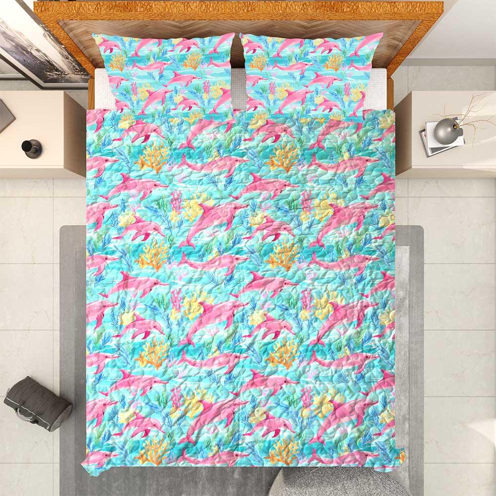 Preppy Lilly P Inspired Dolphin Coral Quilt Bedding Set Personalized 3-Piece Quilt Bedding Set | Custom Lightweight Printed Quilt & Pillowcases Preppy Lilly P Inspired Dolphin Coral Quilt Bedding Set Personalized 3-Piece Quilt Bedding Set | Custom Lightweight Printed Quilt & Pillowcases