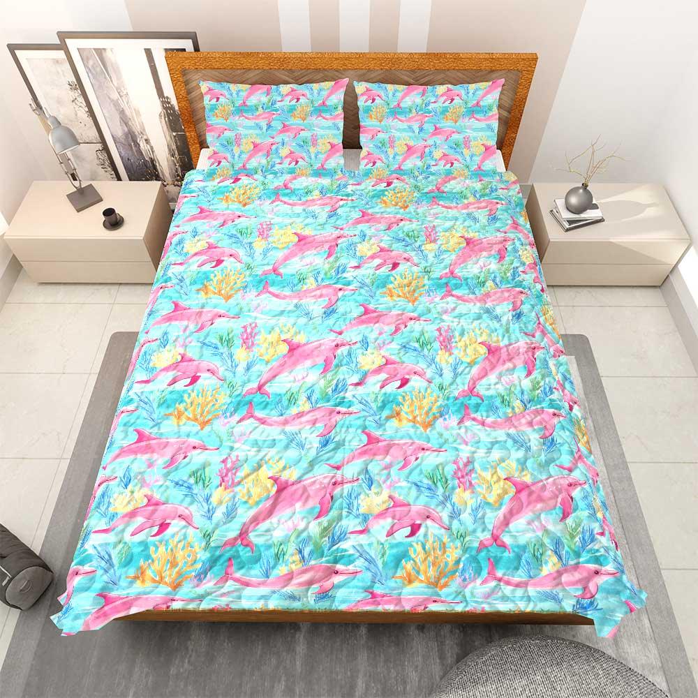 Preppy Lilly P Inspired Dolphin Coral Quilt Bedding Set Personalized 3-Piece Quilt Bedding Set | Custom Lightweight Printed Quilt & Pillowcases Preppy Lilly P Inspired Dolphin Coral Quilt Bedding Set Personalized 3-Piece Quilt Bedding Set | Custom Lightweight Printed Quilt & Pillowcases