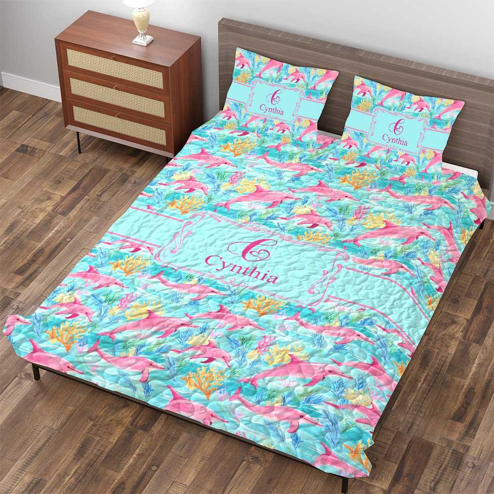 Preppy Lilly P Inspired Dolphin Coral Quilt Bedding Set Personalized 3-Piece Quilt Bedding Set | Custom Lightweight Printed Quilt & Pillowcases Preppy Lilly P Inspired Dolphin Coral Quilt Bedding Set Personalized 3-Piece Quilt Bedding Set | Custom Lightweight Printed Quilt & Pillowcases