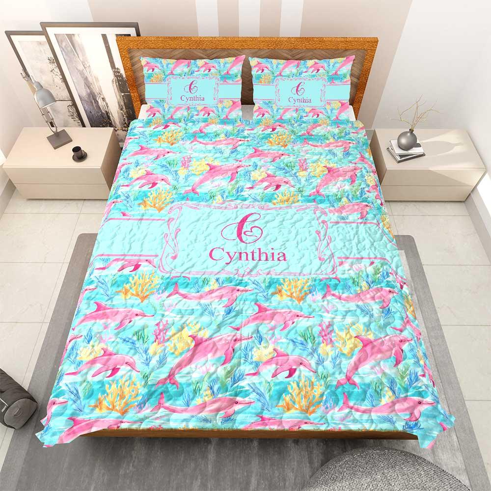 Preppy Lilly P Inspired Dolphin Coral Quilt Bedding Set Personalized 3-Piece Quilt Bedding Set | Custom Lightweight Printed Quilt & Pillowcases Preppy Lilly P Inspired Dolphin Coral Quilt Bedding Set Personalized 3-Piece Quilt Bedding Set | Custom Lightweight Printed Quilt & Pillowcases