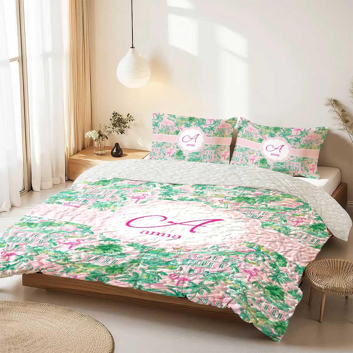 Preppy Lilly P Inspired Flamingo Vacay Pink Mint Quilt Bedding Set Personalized 3-Piece Quilt Bedding Set Preppy Lilly P Inspired Flamingo Vacay Pink Mint Quilt Bedding Set Personalized 3-Piece Quilt Bedding Set